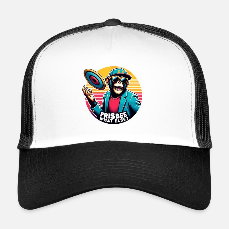 Chimpanzee with sunglasses, baseball cap and frisbee Trucker Cap