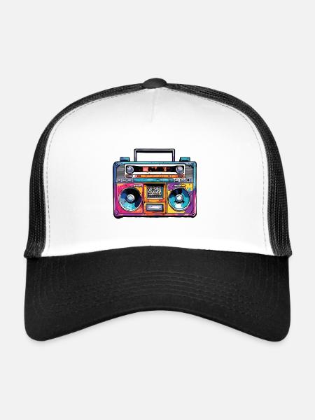 Radio / Analogique / Musique / Fréquence / Haut-parleurs - Casquette trucker  - blanc/noir - Devant