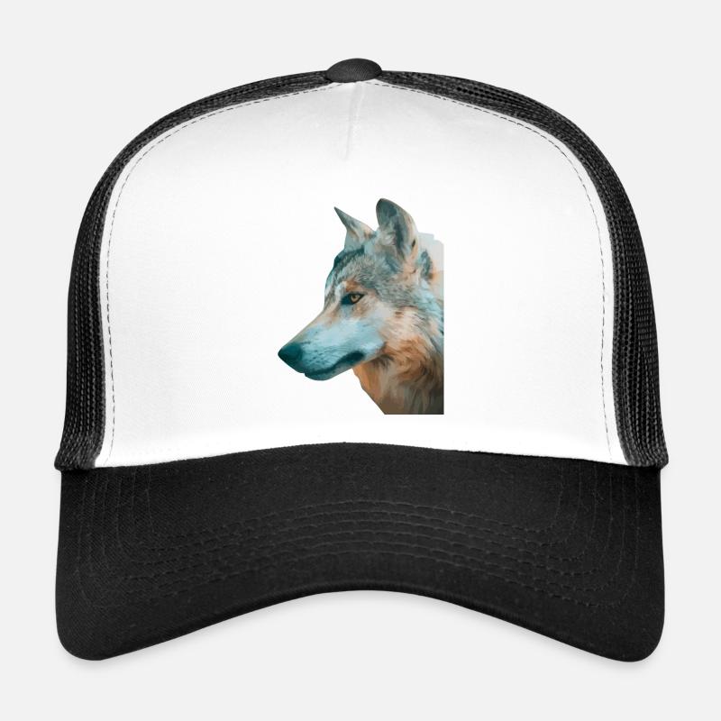 Wolf's Head Watercolor Print - Trucker Cap - white/black