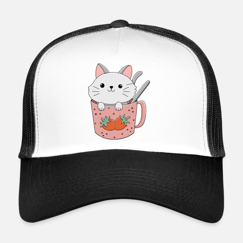 mignon Chat Kawai dans une tasse - Casquette trucker  - blanc/noir