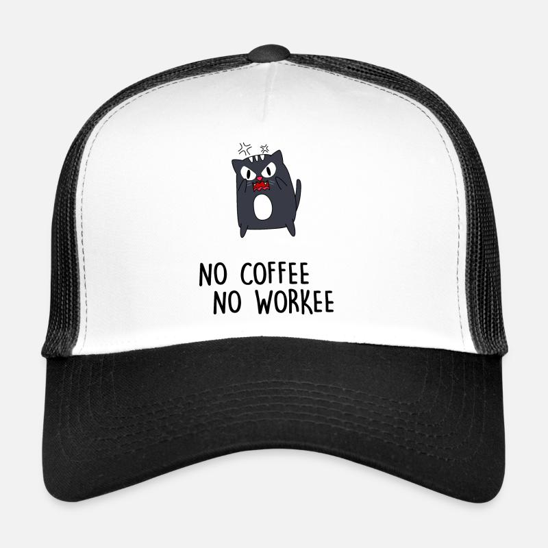 müde Mietzekatze "no coffee no workee" Arbeitstag Trucker Cap