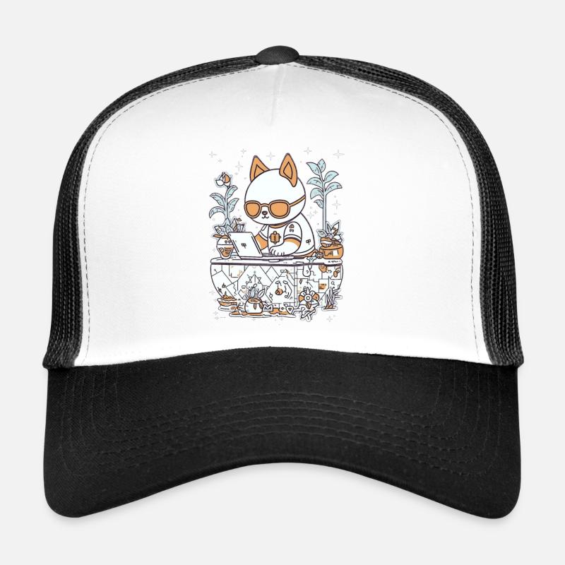 Chat Kawaii à un bureau confortable - Casquette trucker  - blanc/noir