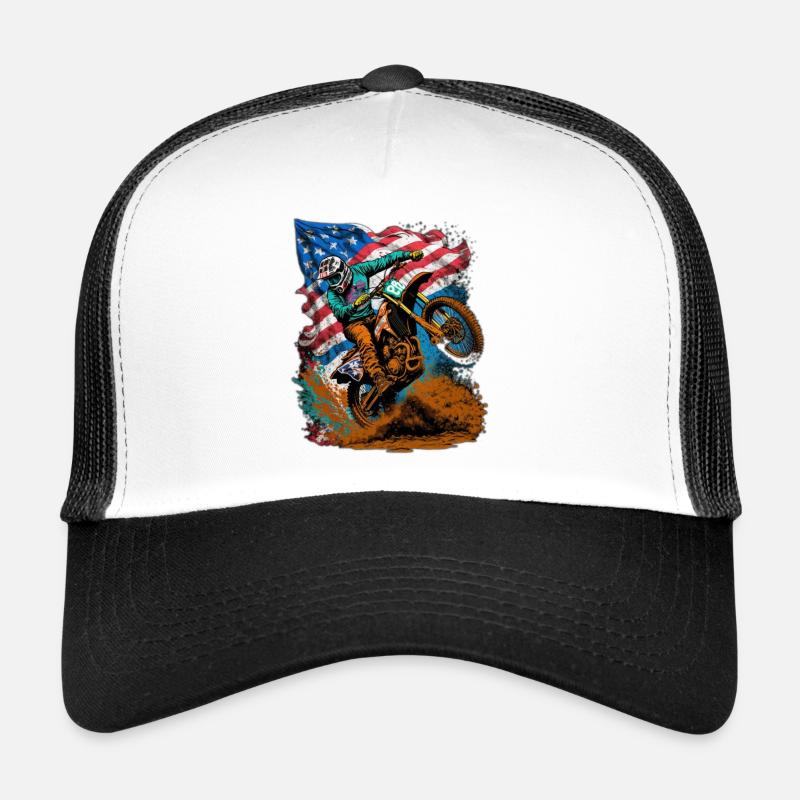 Motocross Action mit US-Flagge - Trucker Cap - Weiß/Schwarz