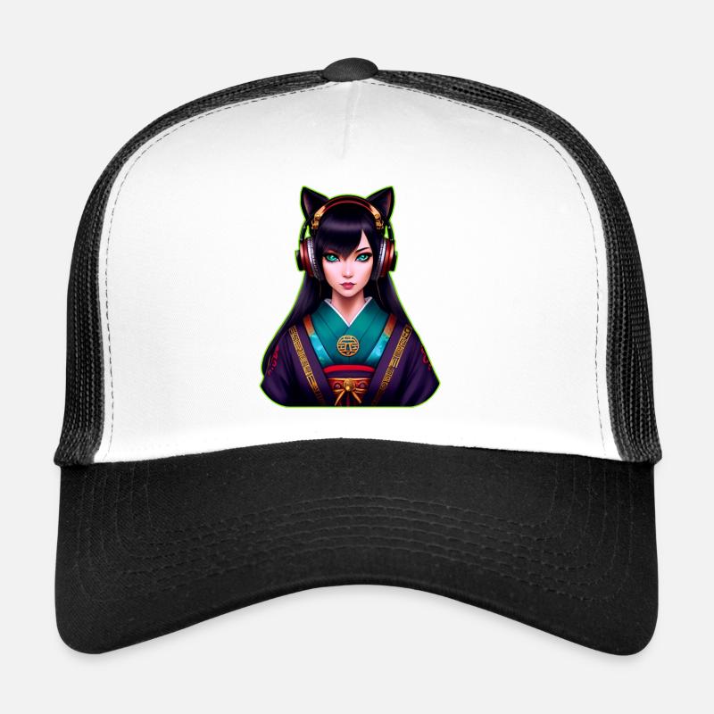 Moderne Geisha mit Kopfhörer - Trucker Cap - Weiß/Schwarz