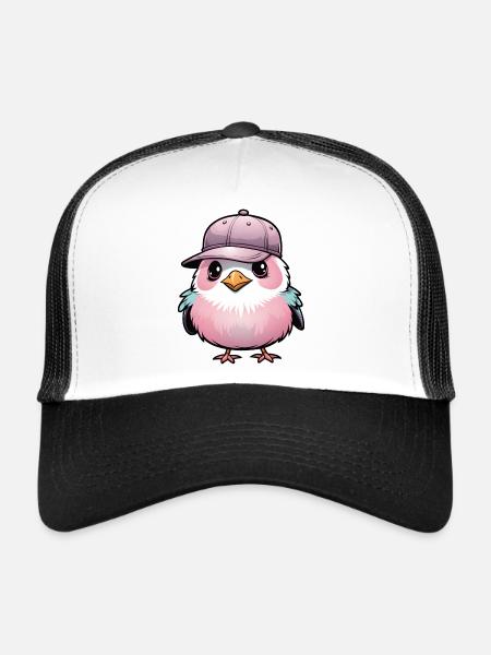 Cute Pink Bird with Baseball Cap - Trucker Cap - white/black - Front