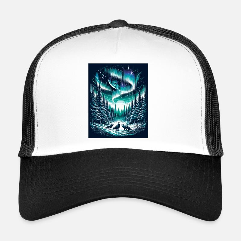 Mystische Nordlichter und Wolfsrudel - Trucker Cap - Weiß/Schwarz