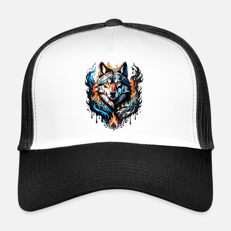 Majestic wolf head surrounded by flames and water Trucker Cap
