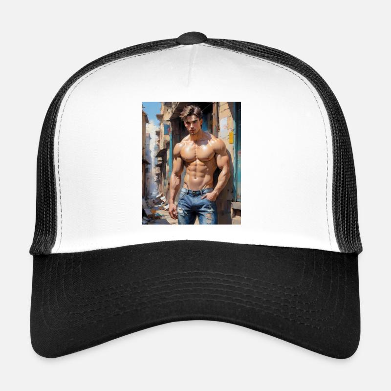 Hübsche Männer mit muskulösem Körper – junger Kerl Trucker Cap