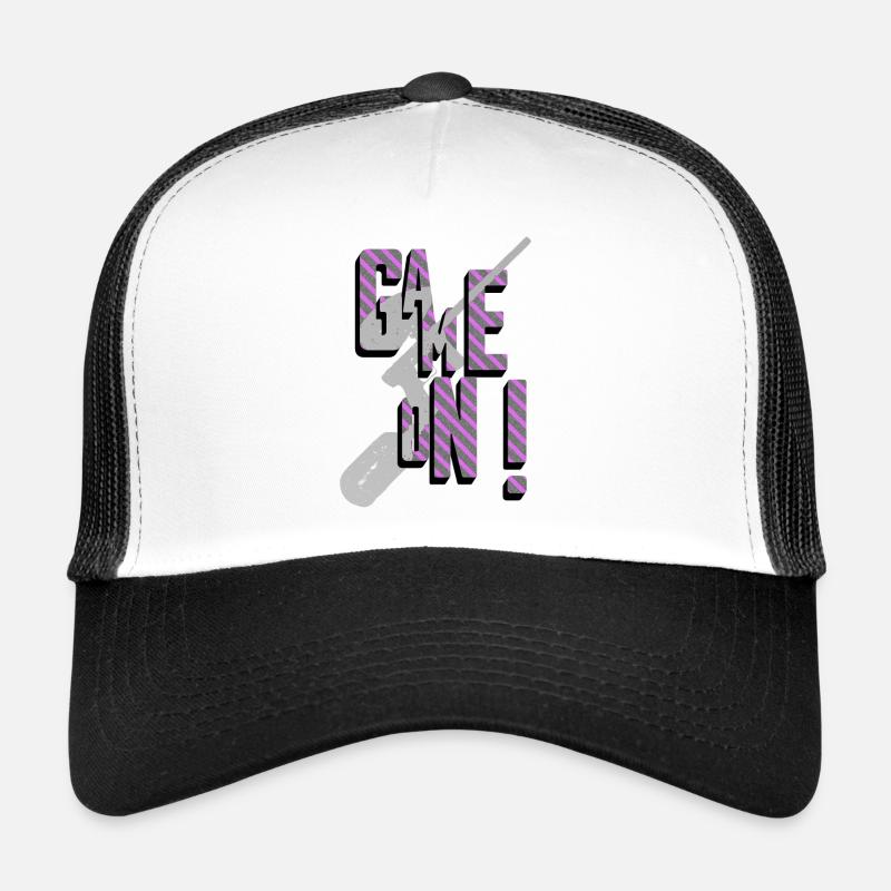 Game on font art, paintball marker on top Trucker Cap
