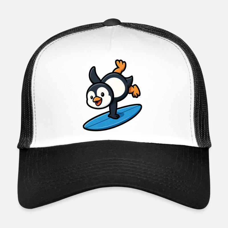 Cool Penguin Surfer Summer Pool Beach Outfit Trucker Cap