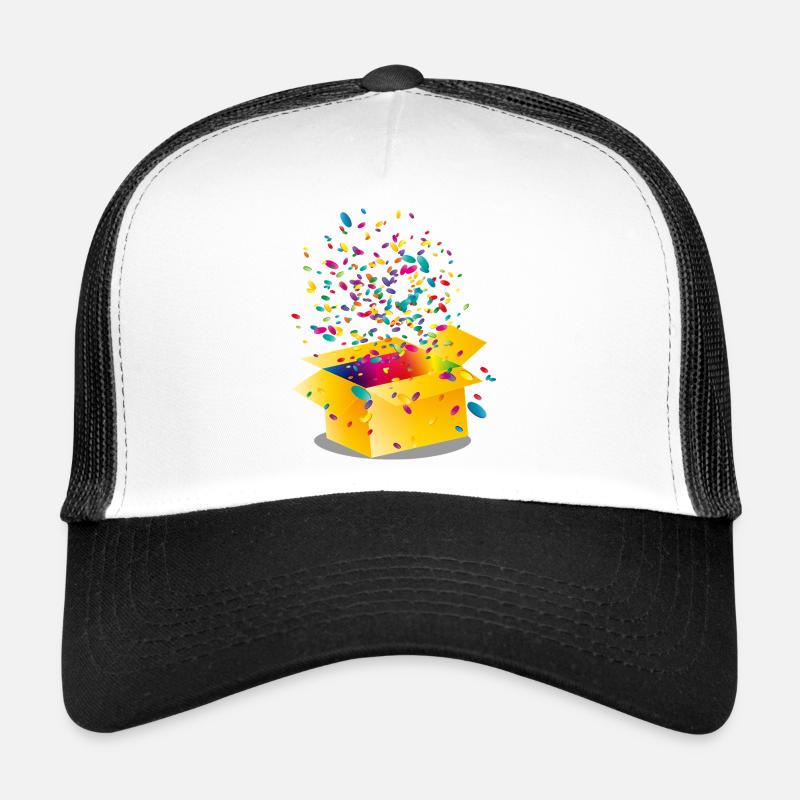 Gelbe Box mit buntem Konfetti Trucker Cap