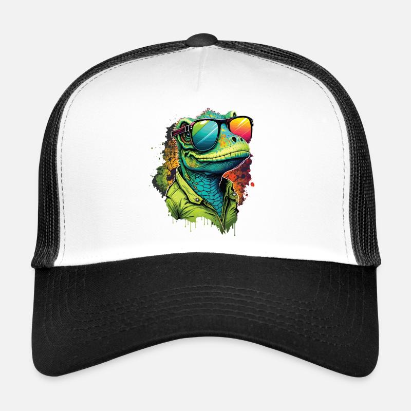 Bunter Dinosaurier mit Sonnenbrille - Trucker Cap - Weiß/Schwarz