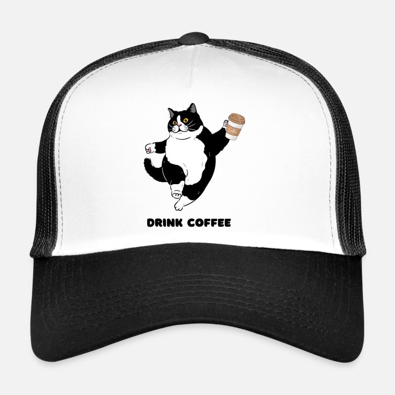 Whimsical Cat Coffee Dance Design - Trucker Cap - white/black