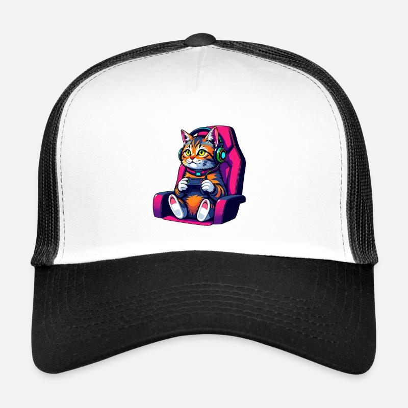 Retro Gamer Cat with Headset and Controller - Trucker Cap - white/black
