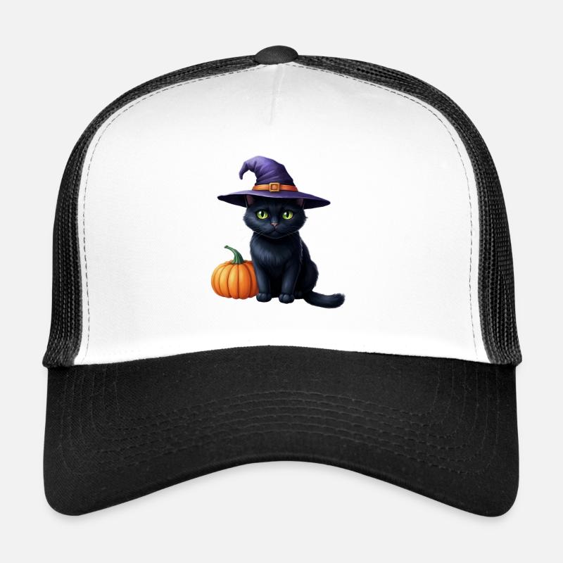 Chat sorcière avec citrouille - Casquette trucker - blanc/noir