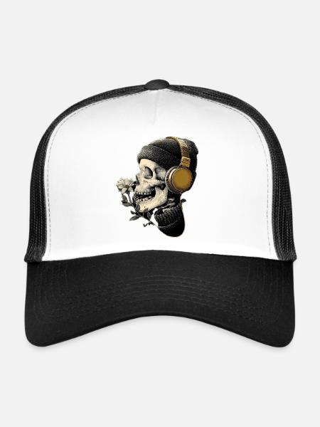 Casque tête de mort avec fleur - Casquette trucker  - blanc/noir - Devant