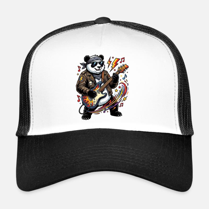 Panda Gitarren-Rocker im Leder Trucker Cap