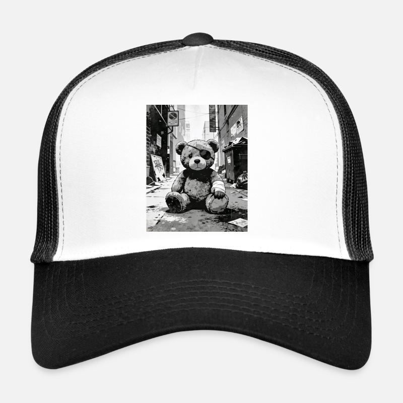 Teddy bear with eye patch near road Trucker Cap