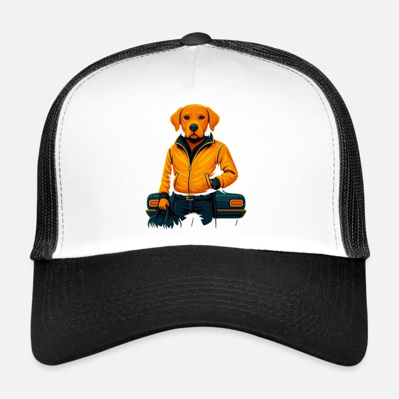Cooler Hund im orangenen Jacket – Stilvoller Labra Trucker Cap