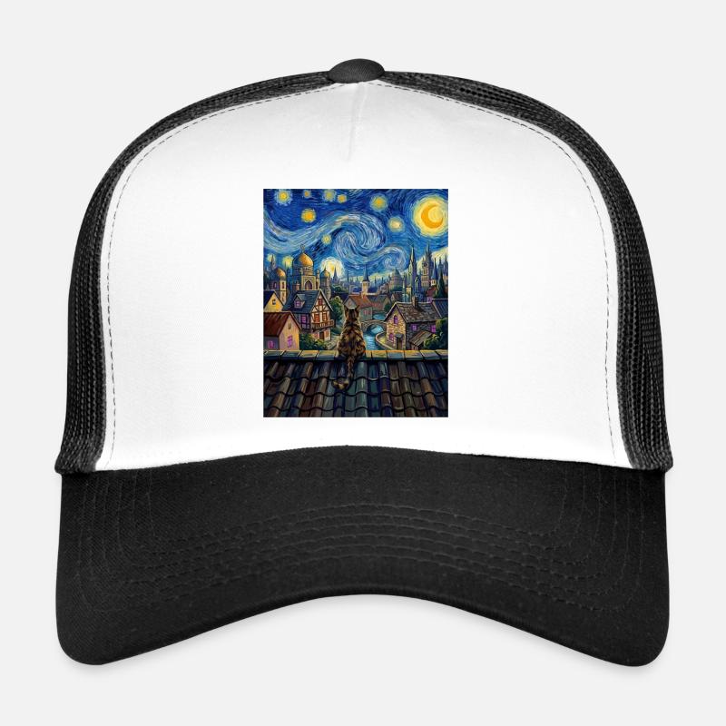 Tabby-Katze Sternennacht-Dorf-Kunst Trucker Cap