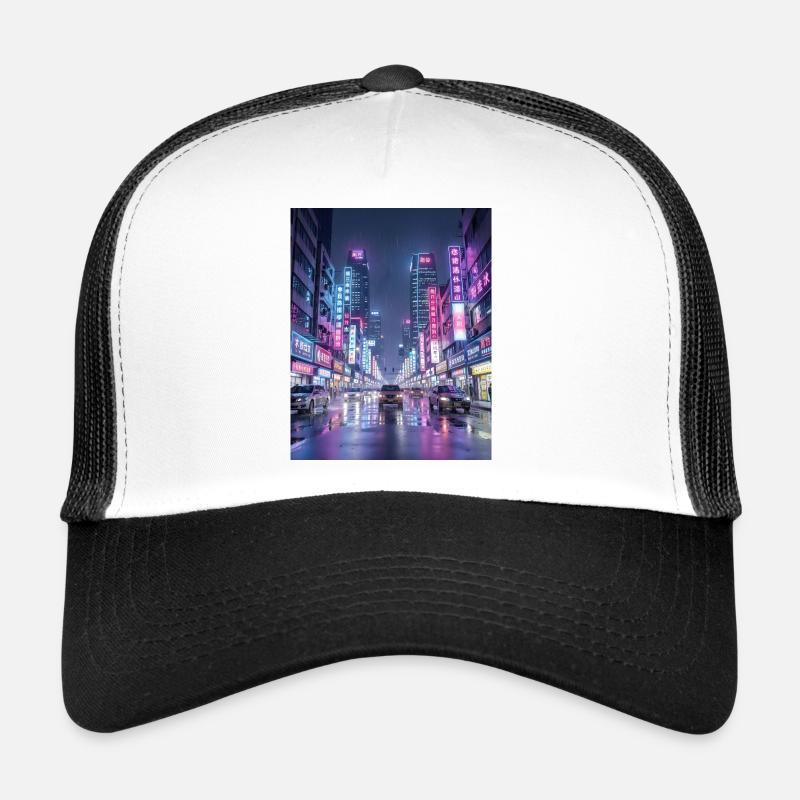 Paysage urbain de pluie néon Casquette trucker 