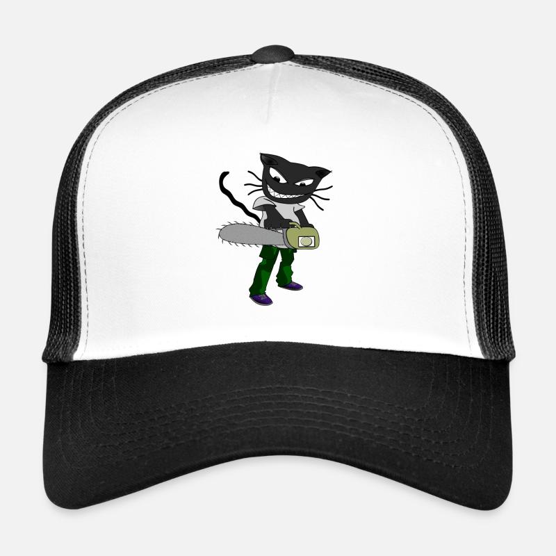 Katze mit Motorsäge - Trucker Cap - Weiß/Schwarz
