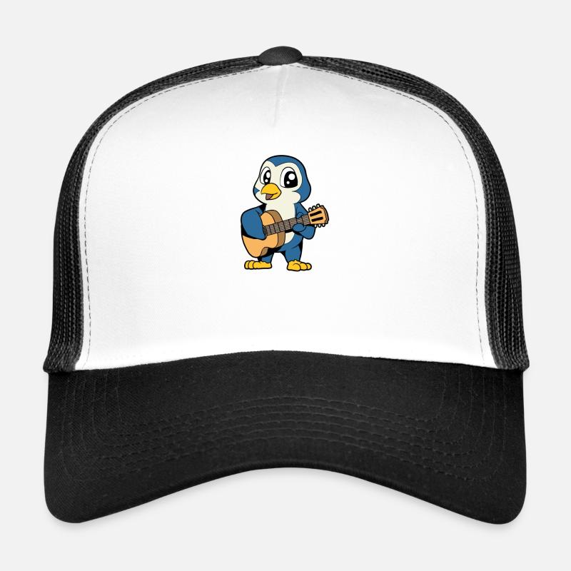 Comic Penguin plays guitar Trucker Cap