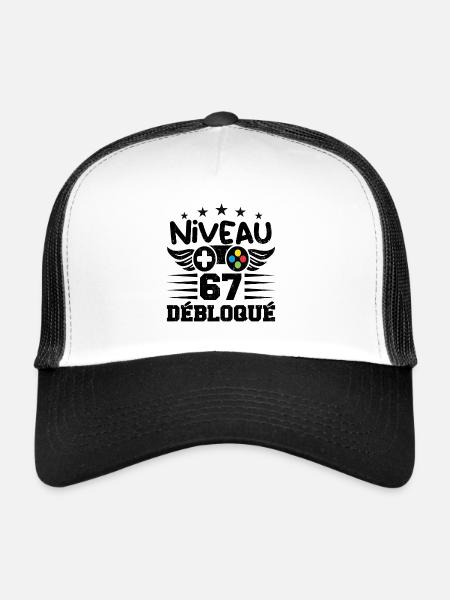 Niveau 67 débloqué - idée cadeau anniversaire - Casquette trucker  - blanc/noir - Devant