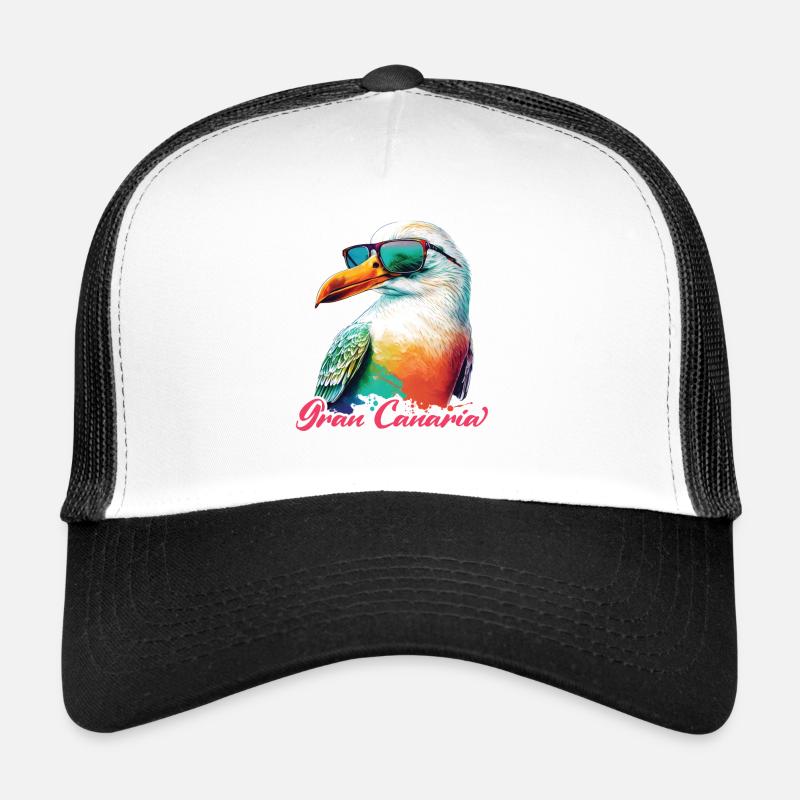 Gran Canaria Urlaub bunte Möwe mit Sonnenbrille - Trucker Cap - Weiß/Schwarz