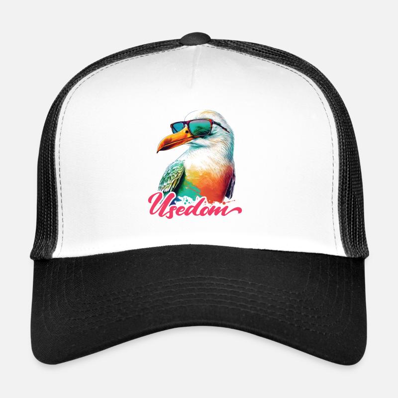 Usedom Urlaub coole bunte Möwe mit Sonnenbrille Trucker Cap