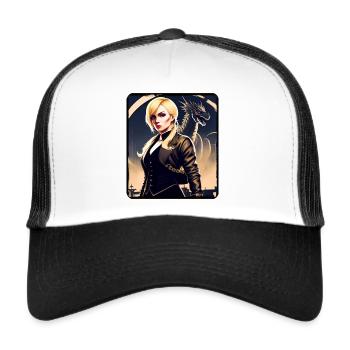 Blonde girl in cool steampunk style with dragon - Trucker Cap - white/black - Front