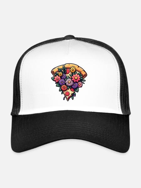 Humorous Pizza Slice with Flowers - Trucker Cap - white/black - Front