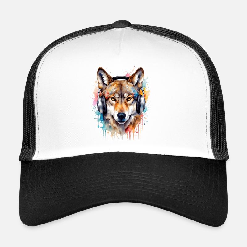 Wolf Kopfhörer Musik Bunt Tier Design Print - Trucker Cap - Weiß/Schwarz