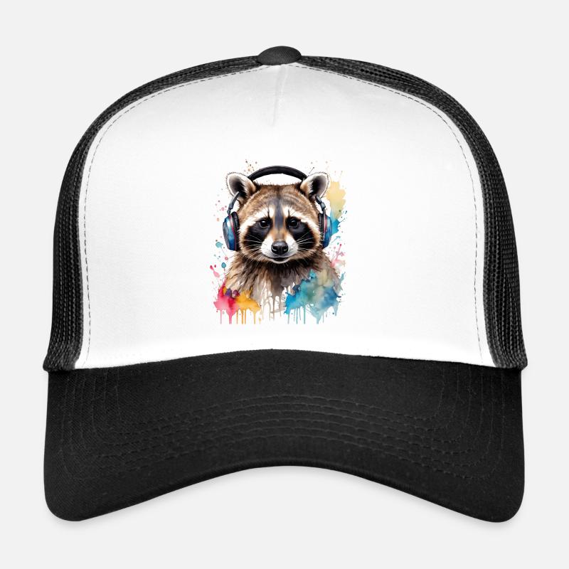 Waschbär Kopfhörer Musik Bunt Tier Design Print - Trucker Cap - Weiß/Schwarz