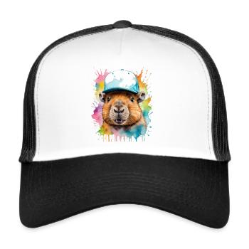 Capybara Snapback Cap Capy Bunt Tier Design Print - Trucker Cap - Weiß/Schwarz - Vorne