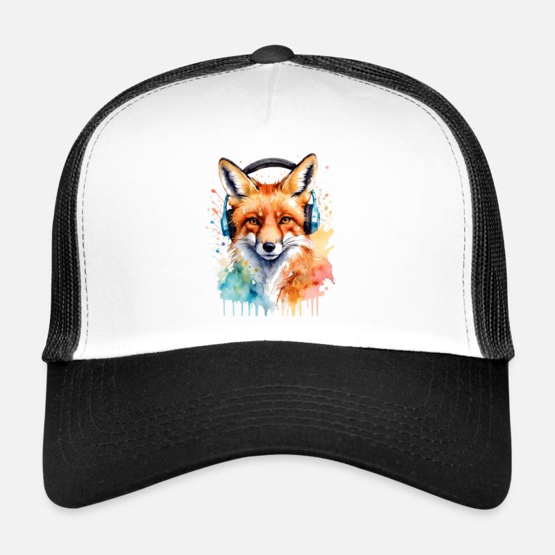 Fuchs Kopfhörer Musik Bunt Tier Design Print - Trucker Cap - Weiß/Schwarz