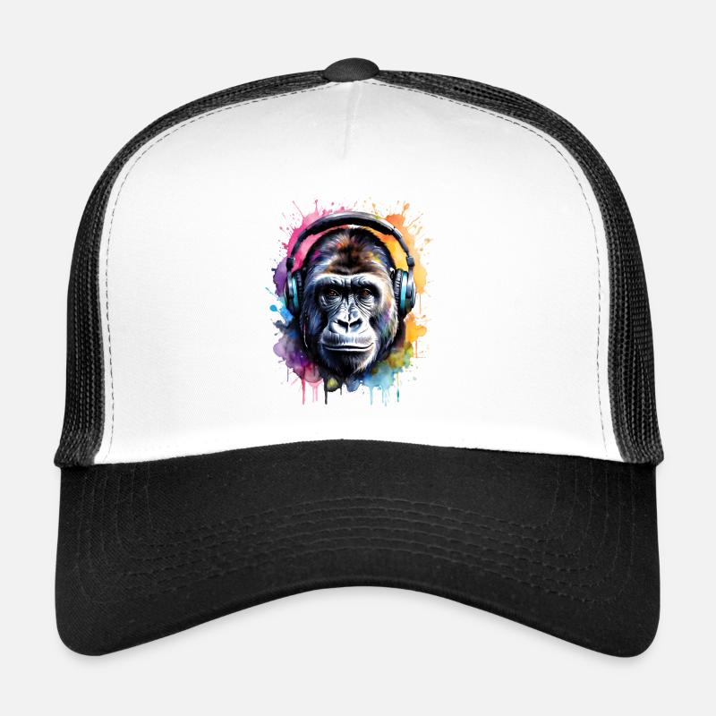 Gorilla Kopfhörer Affe Bunt Tier Design Print - Trucker Cap - Weiß/Schwarz