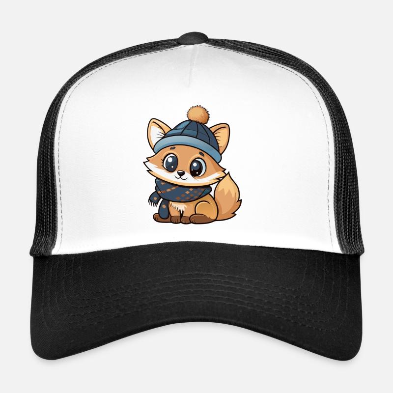 Renard mignon avec écharpe et chapeau à pompon. Casquette trucker 