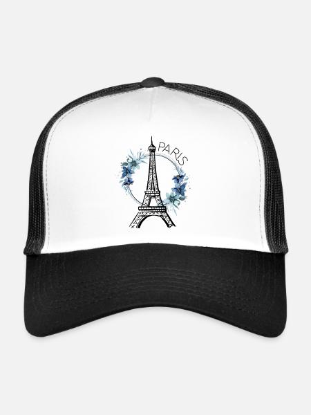 Paris Tour Eiffel France Floral Line Art - Casquette trucker  - blanc/noir - Devant