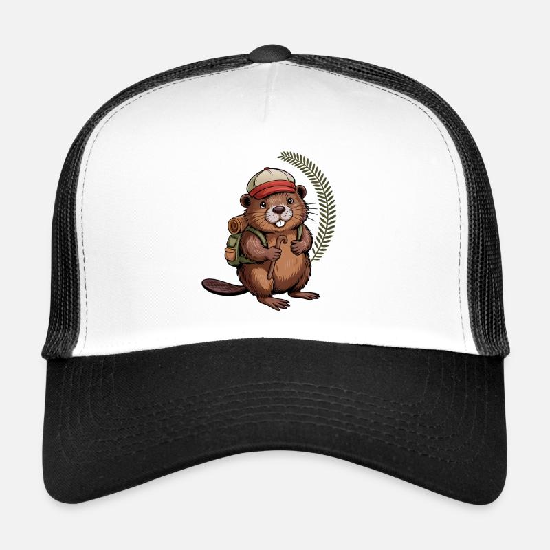 Castor drôle avec des bâtons de randonnée et un sac à dos Casquette trucker 