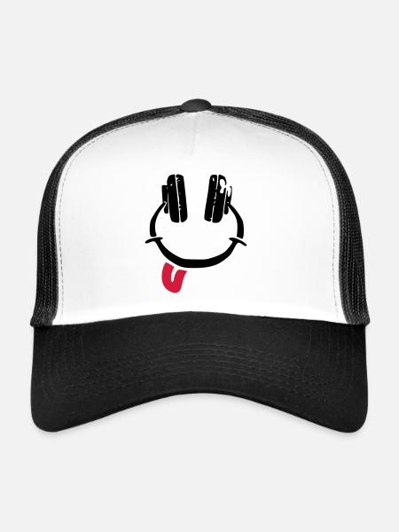 Casque d'écoute - smiley - langue - Casquette trucker  - blanc/noir - Devant