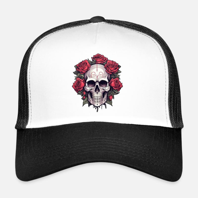 Gothic Skull and Roses Graphic Art Trucker Cap