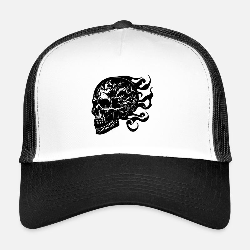 Lachender brennender grinsender Tattoo Schädel Trucker Cap