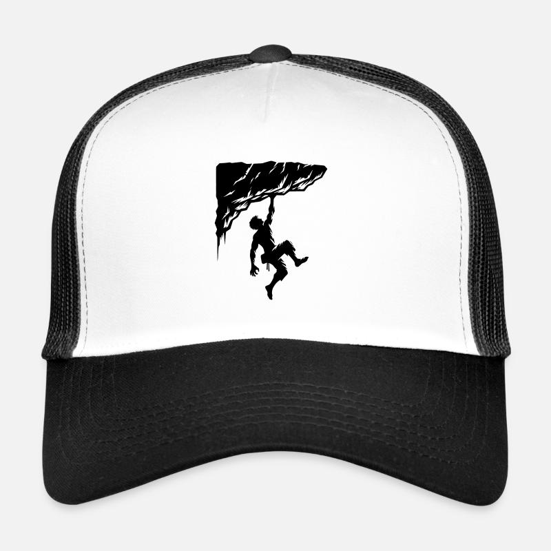 Mann beim Freiklettern am Überhang Felsen Trucker Cap
