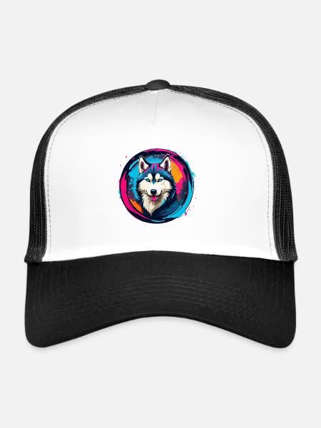 Portrait de husky husky sibérien sur roue chromatique - Casquette trucker  - blanc/noir - Devant