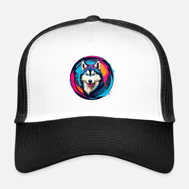 Portrait de husky husky sibérien sur roue chromatique Casquette trucker 
