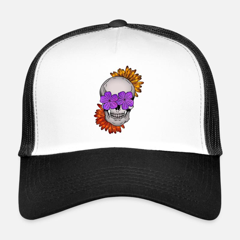 Flower Skull I - Trucker Cap - Weiß/Schwarz
