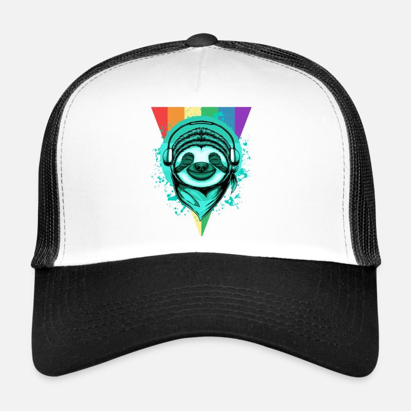 Faultier mit Kopfhörern & Regenbogen Trucker Cap