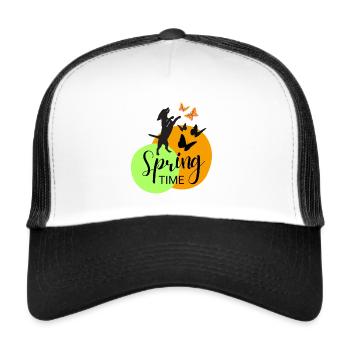 Frühlingsdesign - Spring time Hund + Schmetterling - Trucker Cap - Weiß/Schwarz - Vorne