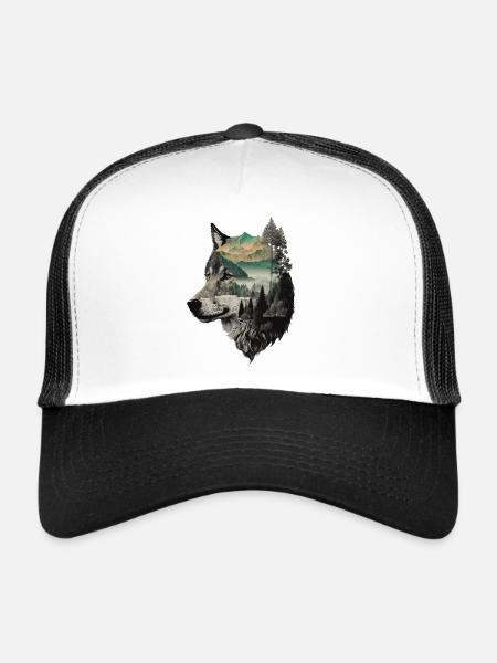 Wolf Wolf’s Head Nature Wilderness Forest Trees Art - Casquette trucker  - blanc/noir - Devant